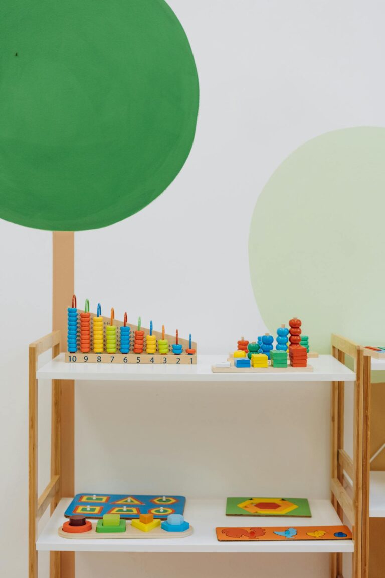 A well-organized indoor playroom filled with colorful educational toys for preschool children.